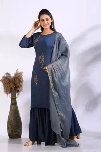 Blue Handwork kurta and Palazzo with dupatta set stitched