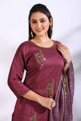 Maroon Handwork kurta and Palazzo with dupatta set stitched 1