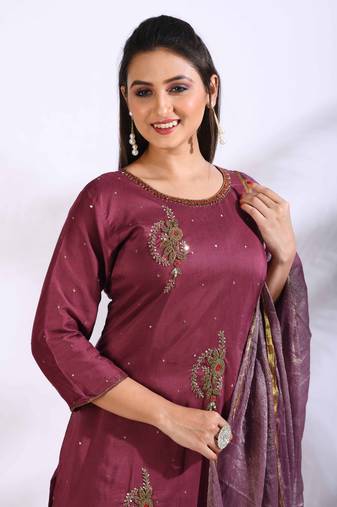 Maroon Handwork kurta and Palazzo with dupatta set stitched