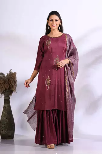 Maroon Handwork kurta and Palazzo with dupatta set stitched