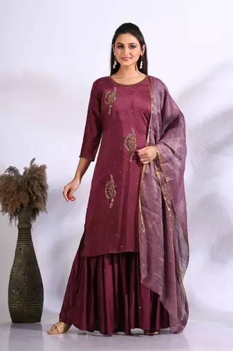 Maroon Handwork kurta and Palazzo with dupatta set stitched