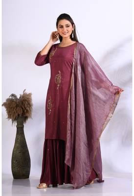 Maroon Handwork kurta and Palazzo with dupatta set stitched 4