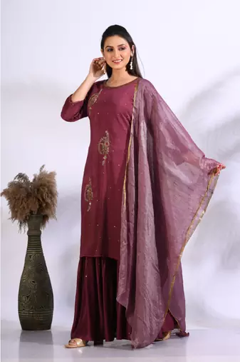 Maroon Handwork kurta and Palazzo with dupatta set stitched