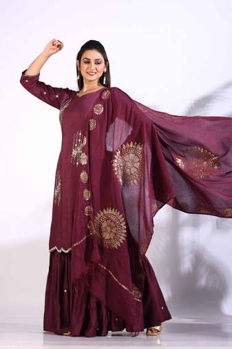 Maroon Handwork kurta and Palazzo with dupatta set stitched