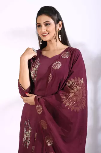 Maroon Handwork kurta and Palazzo with dupatta set stitched