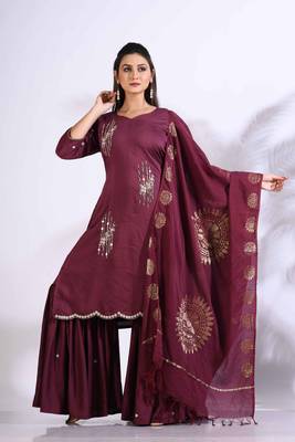 Maroon Handwork kurta and Palazzo with dupatta set stitched 3