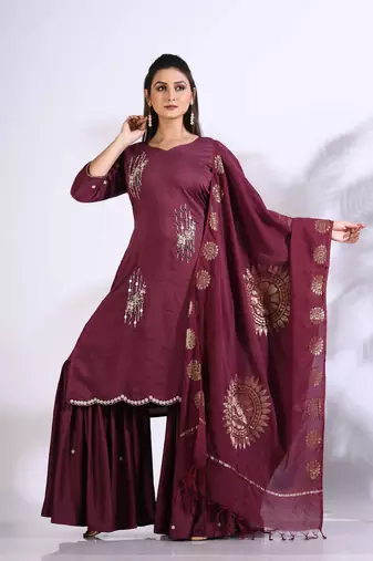 Maroon Handwork kurta and Palazzo with dupatta set stitched
