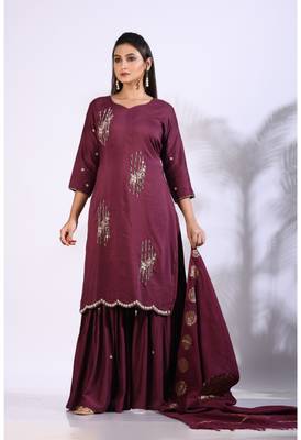 Maroon Handwork kurta and Palazzo with dupatta set stitched 4