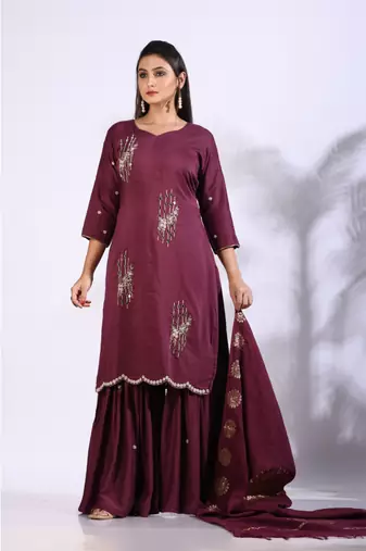 Maroon Handwork kurta and Palazzo with dupatta set stitched
