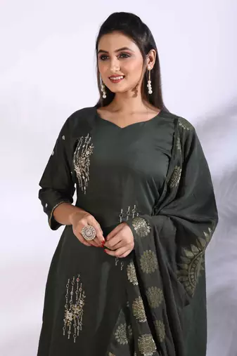 Green Handwork kurta and Palazzo with dupatta set stitched