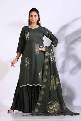 Green Handwork kurta and Palazzo with dupatta set stitched 4