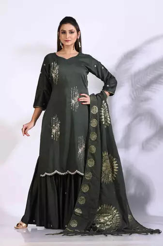 Green Handwork kurta and Palazzo with dupatta set stitched