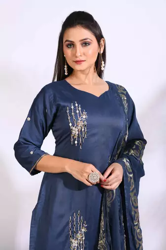 Blue Handwork kurta and Palazzo with dupatta set stitched