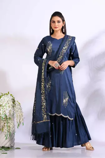 Blue Handwork kurta and Palazzo with dupatta set stitched