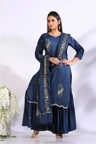 Blue Handwork kurta and Palazzo with dupatta set stitched