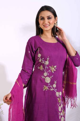 Purple Handwork kurta and Palazzo with dupatta set stitched