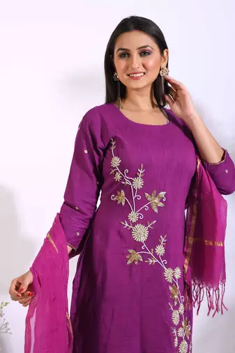 Purple Handwork kurta and Palazzo with dupatta set stitched