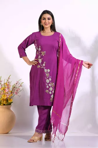 Purple Handwork kurta and Palazzo with dupatta set stitched