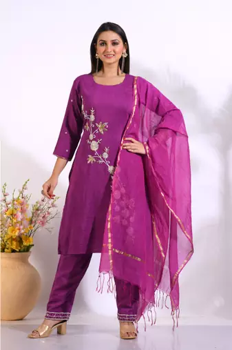 Purple Handwork kurta and Palazzo with dupatta set stitched