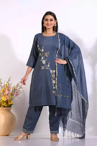 Grey Handwork kurta and Palazzo with dupatta set stitched