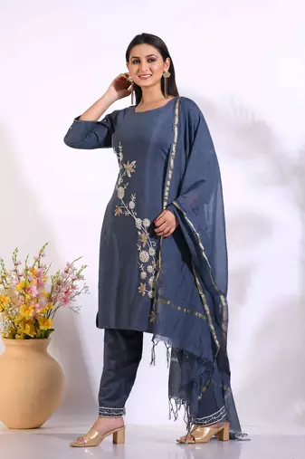 Grey Handwork kurta and Palazzo with dupatta set stitched