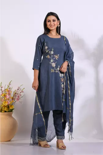 Grey Handwork kurta and Palazzo with dupatta set stitched