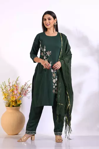 Green Handwork kurta and Palazzo with dupatta set stitched