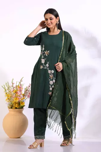 Green Handwork kurta and Palazzo with dupatta set stitched
