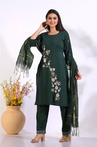 Green Handwork kurta and Palazzo with dupatta set stitched