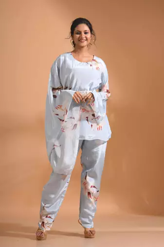 light-multicolor kaftan set with pant with printed