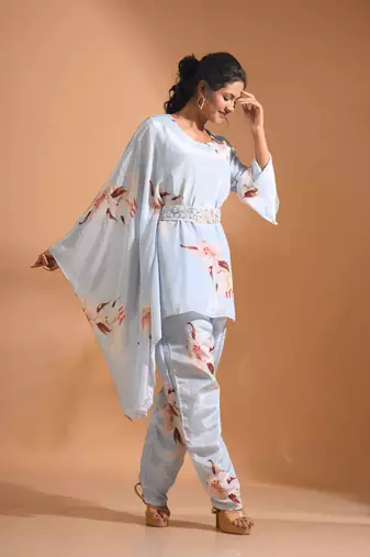 light-multicolor kaftan set with pant with printed