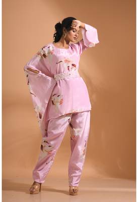Pink kaftan set with pant with printed 4