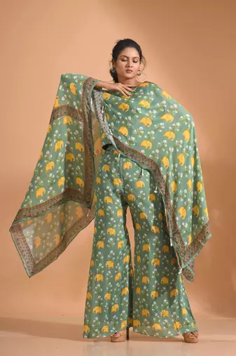 Light multicolour  coset with kaftan style with dupatta printed