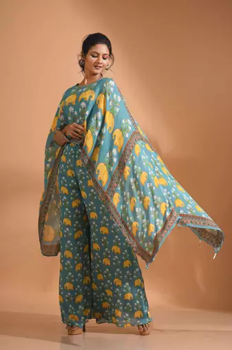 Light multicolour  coset with kaftan style with dupatta printed