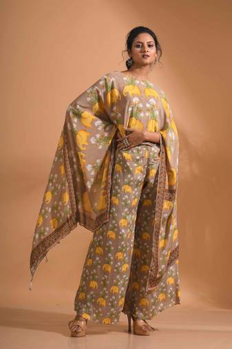 Light multicolour  coset with kaftan style with dupatta printed