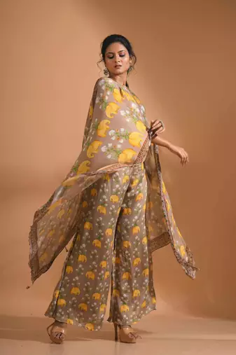 Light multicolour  coset with kaftan style with dupatta printed