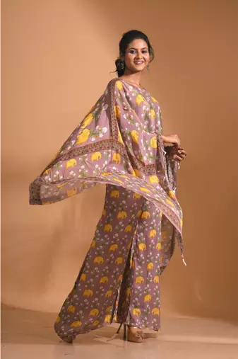 Light multicolour  coset with kaftan style with dupatta printed