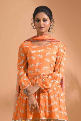 Orange pinted kurta and Palazzo with dupatta set stitched 2
