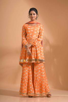 Orange pinted kurta and Palazzo with dupatta set stitched 3
