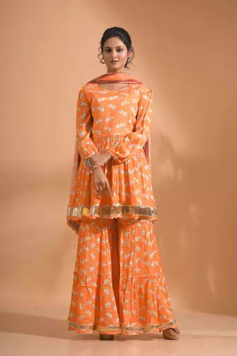 Orange pinted kurta and Palazzo with dupatta set stitched