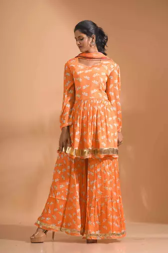 Orange pinted kurta and Palazzo with dupatta set stitched