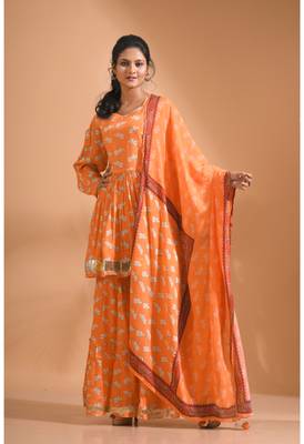 Orange pinted kurta and Palazzo with dupatta set stitched 1