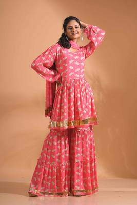 Yellow pinted kurta and Palazzo with dupatta set stitched 1