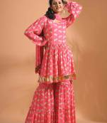 Yellow pinted kurta and Palazzo with dupatta set stitched