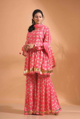 Yellow pinted kurta and Palazzo with dupatta set stitched 2