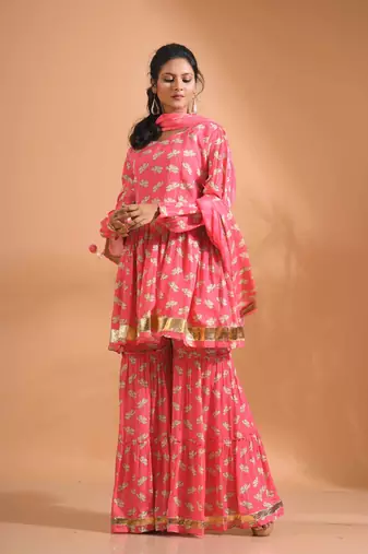 Yellow pinted kurta and Palazzo with dupatta set stitched
