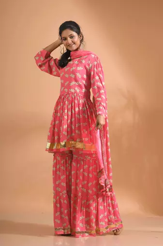 Yellow pinted kurta and Palazzo with dupatta set stitched