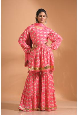 Yellow pinted kurta and Palazzo with dupatta set stitched 4