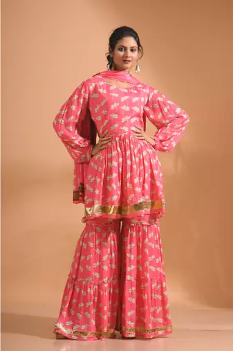Yellow pinted kurta and Palazzo with dupatta set stitched