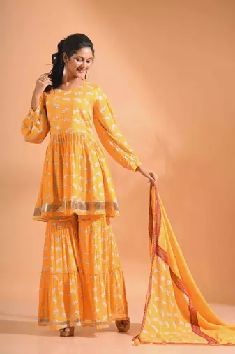 Rani pinted kurta and Palazzo with dupatta set stitched